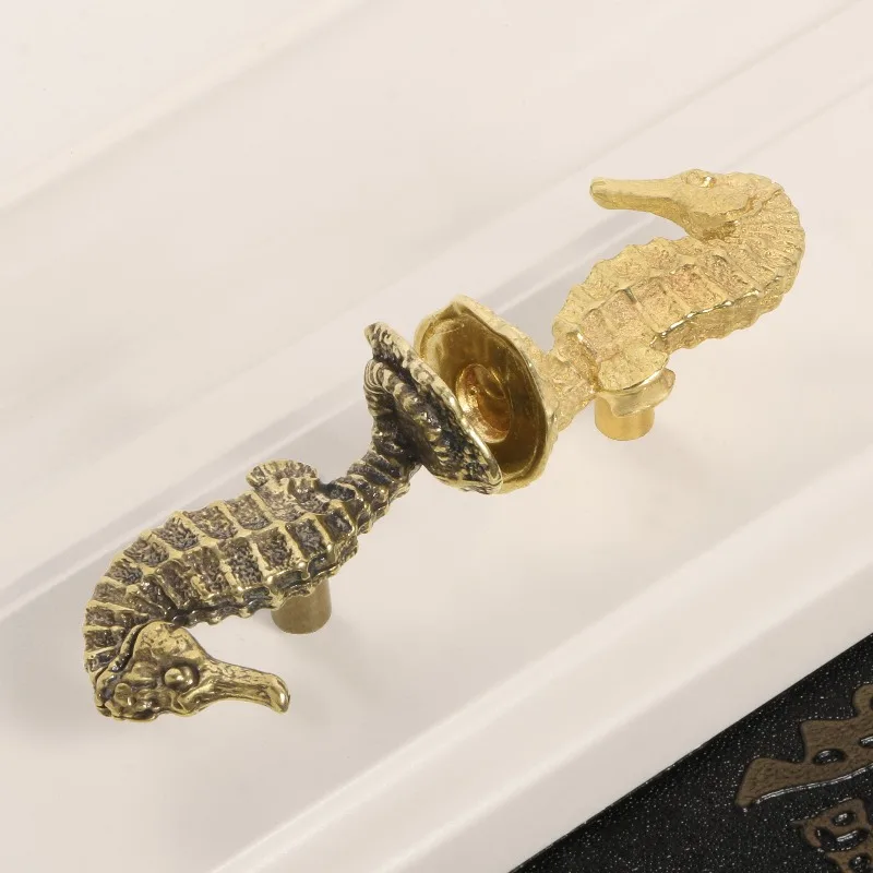 2Pcs Creative Sea Animal Brass Handle, Seahorse Metal Hook, Cabinet Door Pull Furniture Fitting