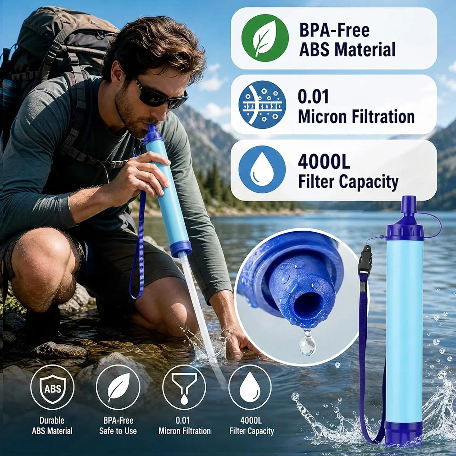 Outdoor Emergency Water Straws Filter, Survival Filtration Portable Gear, Supply for Drinking Hiking Camping Team Family Outing