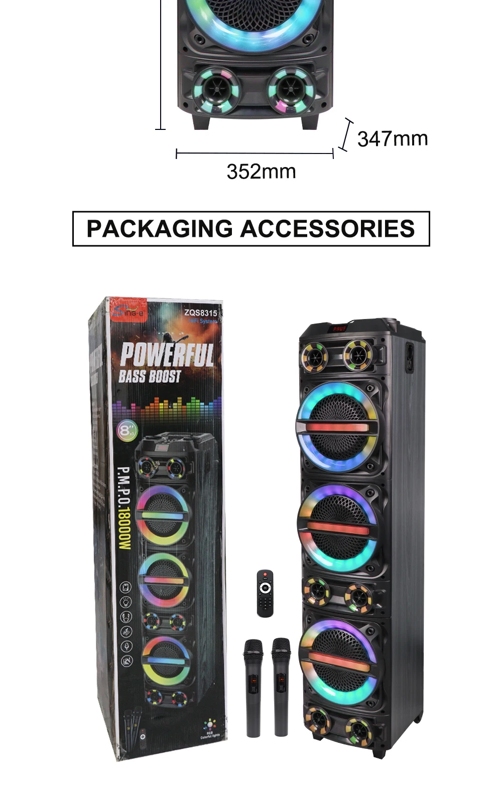ZQS8315 8 Inch Wireless Subwoofer Stereo Wooden Party Speaker RGB Colorful Lights Event Stage DJ HIFI Karaoke BT Speakers