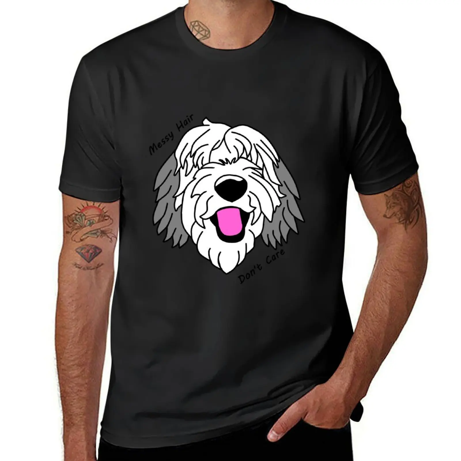 Messy Hair Don't Care Old English Sheepdog T-shirt aesthetic clothes tops plain slim fit t shirts for men