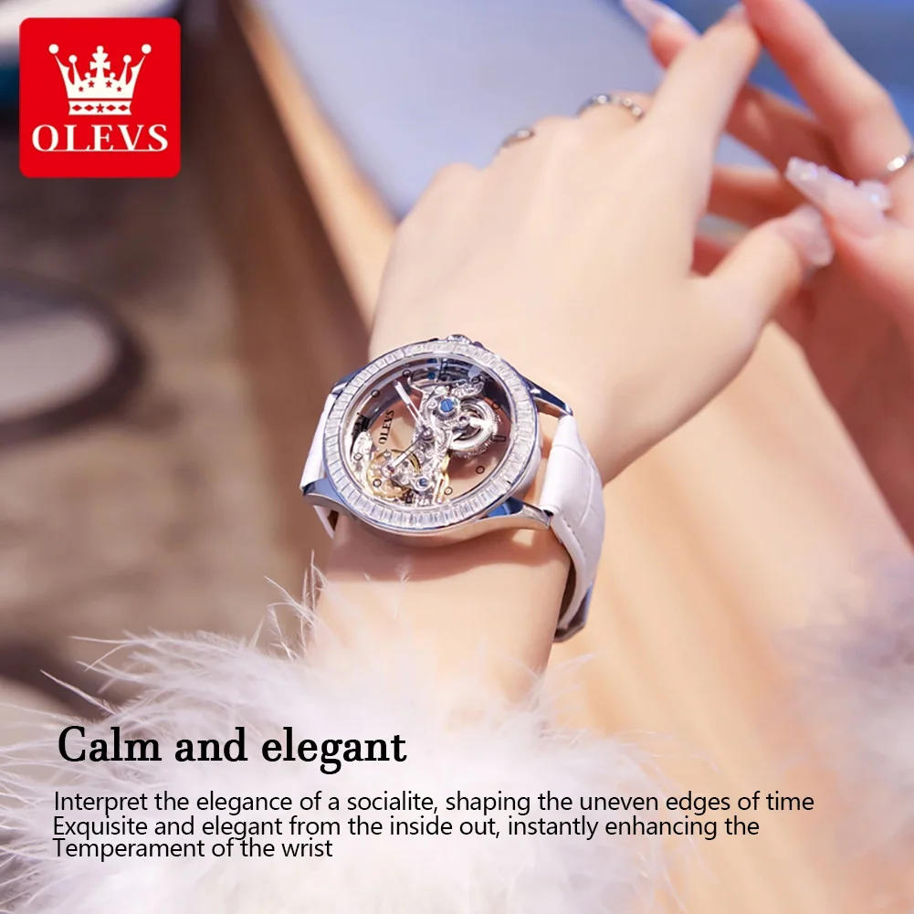 OLEVS Jam Tangan Mekanis Otomatis Wanita Mewah Jam Tangan Elegan Dial Bercahaya Desain Berongga Penuh Tatahan Berlian Baja Tahan Karat