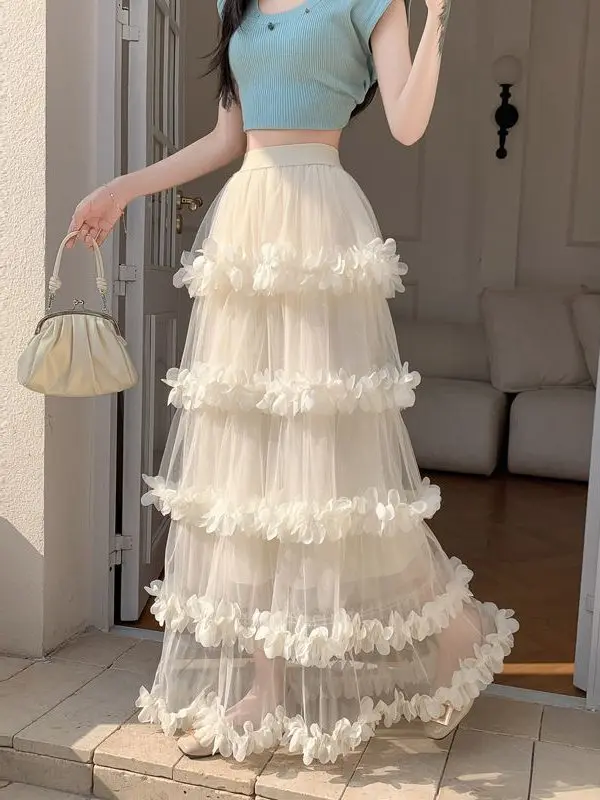 

Sweet Floral Cake Skirt Long Women's Spring Summer New Sle White Baked Design High Waist Umbrella Skirt Commute Ele