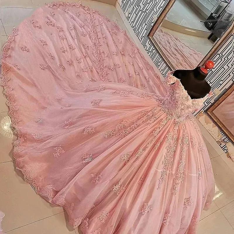 Vestidos de quinceañera rosa, vestido de baile con hombros descubiertos, apliques de tul hinchado mexicano dulce 16 vestidos 15 años