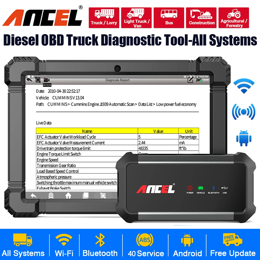 ANCEL X7 HD Heavy Duty Truck Diagnostic Tool Bluetooth OBD2 All System Oil D-P-F Regen ECU Reset 12V 24V Diesel Truck Scanner