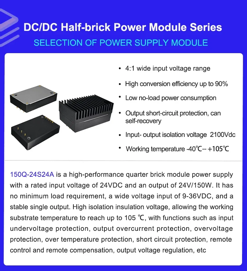 

Модуль питания 150Q-24S24A: стабилизированное напряжение, одноканальный выход, высокая изоляция, изоляционное напряжение, форм-фактор Quarter Brick