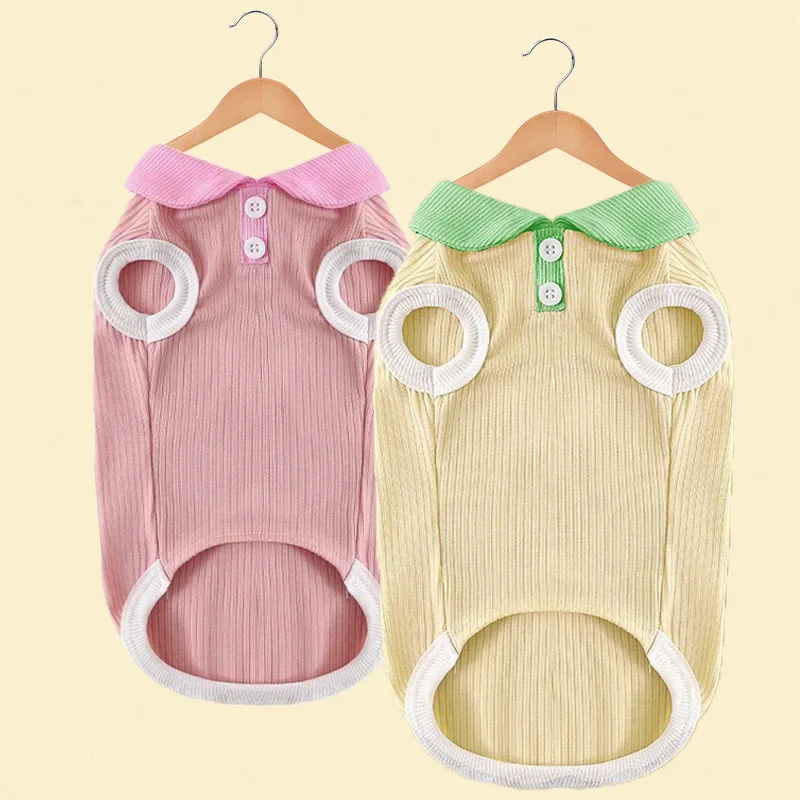 Japanese and Korean Wind Spring Summer Dog Macaron Contrasting Color Lapel Casual T-shirt Cat Thin Pet Teddy Dog Clothes