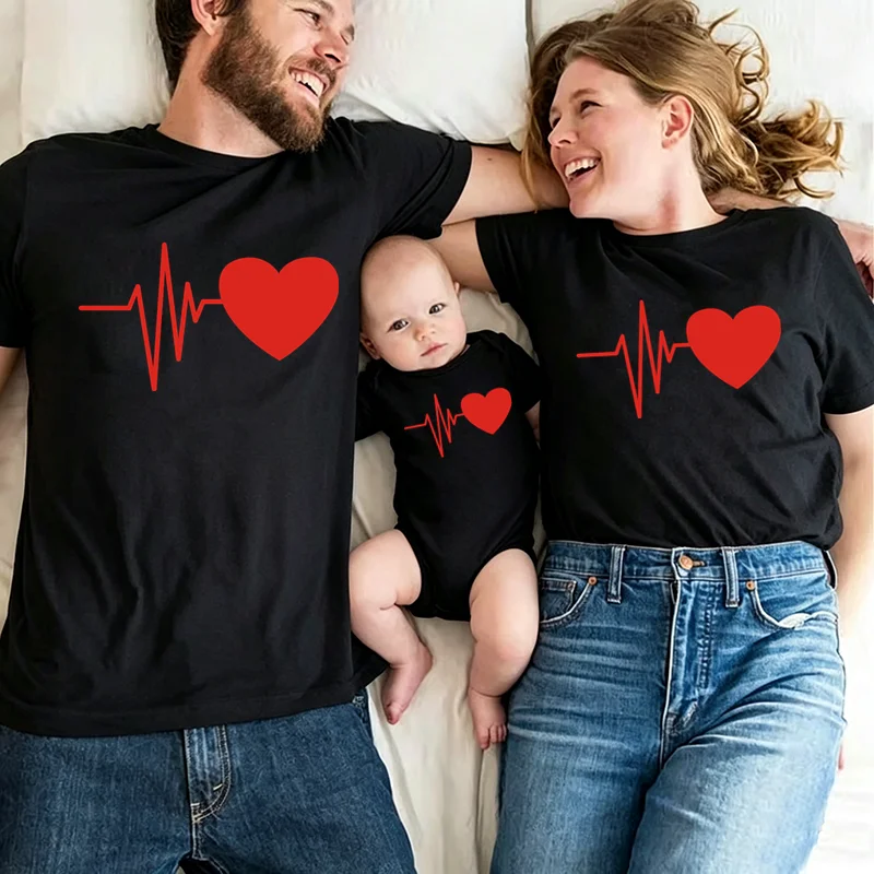 Family Matching Outfits Mom Dad Baby Red Heartbeat Heart Graphic Tees Cute Pregnancy Announcement Matching Shirts