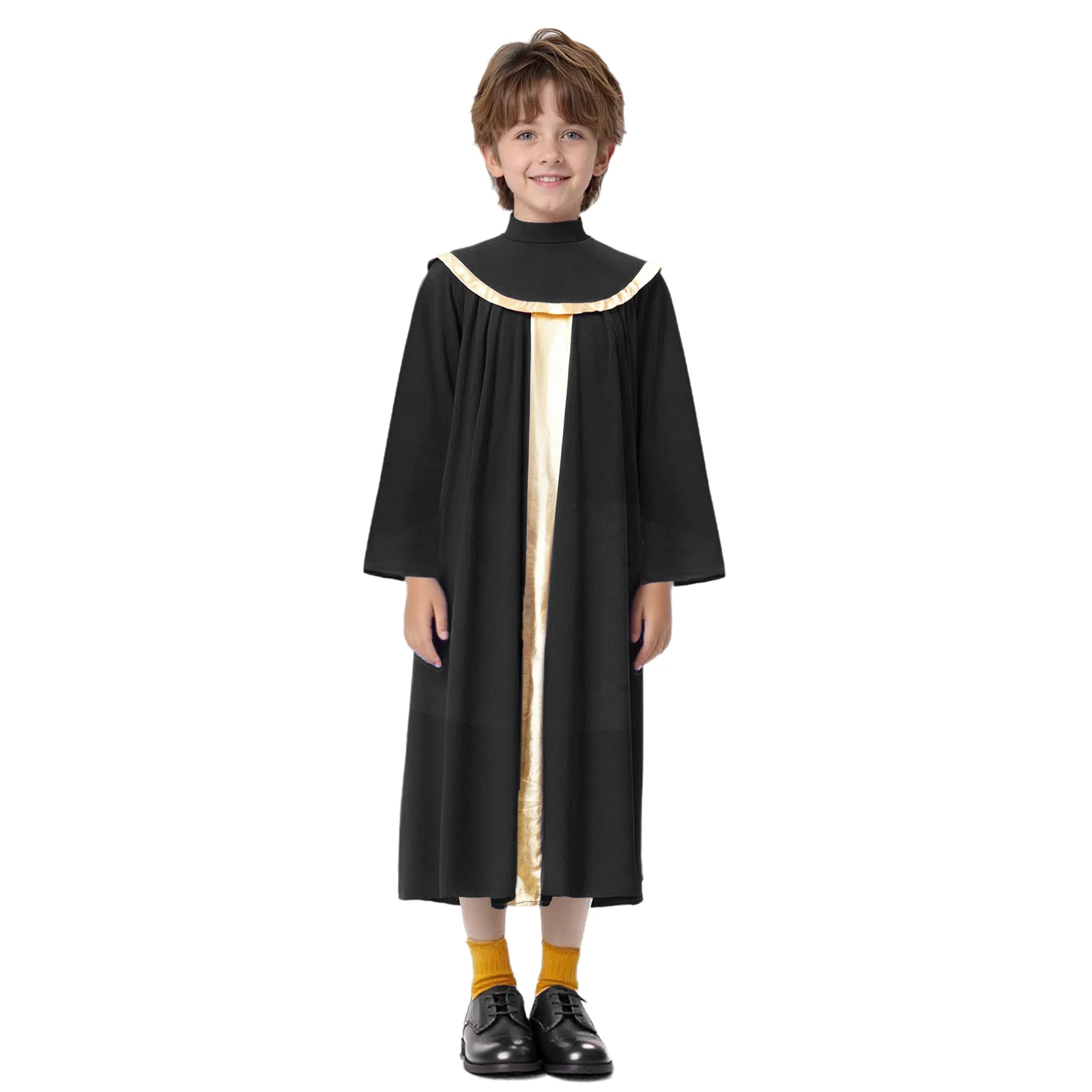 

Kids Boys Girls Choir Robe Dress Worship Praise Dance Costume Mock Neck Long Sleeve Metallic Color Block Patchwork Pleated Grown