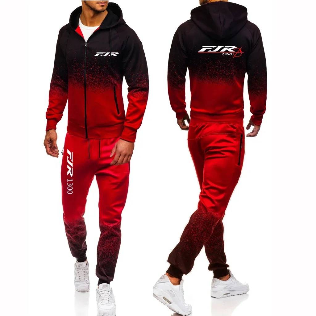 

2024 Men's Spring Autumn New FJR 1300 MOTORCYCLE Logo Print Cardigan Zip Hooded Jacket Sweatshirts+Sweatpants Gradient Color Set