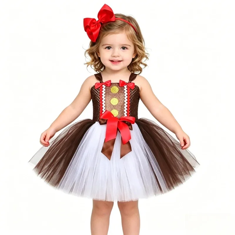 Christmas Gingerbread Kids Tulle Dress, Dark Brown Cartoon Cookie Tutu Dress,Girls Christmas Party Stage Costume,Festival Outfit