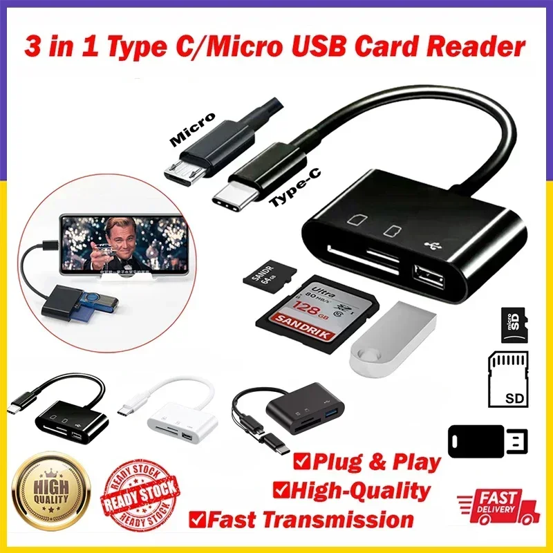 【Fast Ship】3 IN 1 Type C/Micro USB To SD Card Reader OTG USB Cable Micro SD/TF Card Reader U Disk Reader Adapter Data Transfer