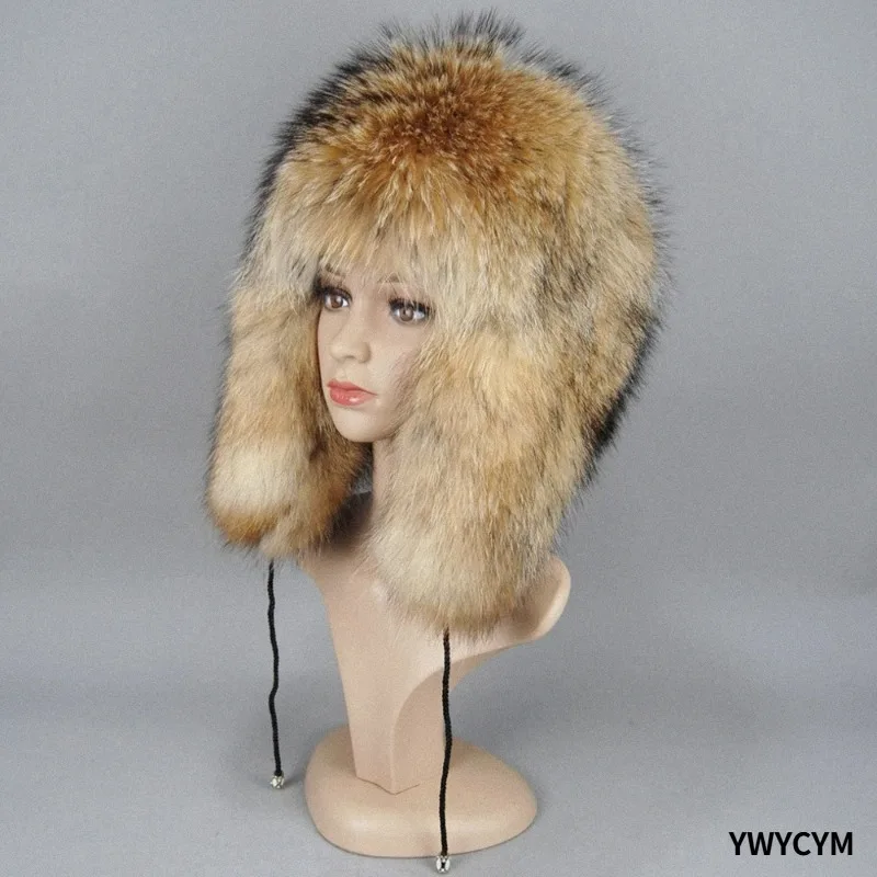 2025 Winter Unisex 100% Real Fox Fur Bomber Hat Raccoon Fur Ushanka Cap Trapper Russian Ski Hats Caps Real Leather Thick Warm