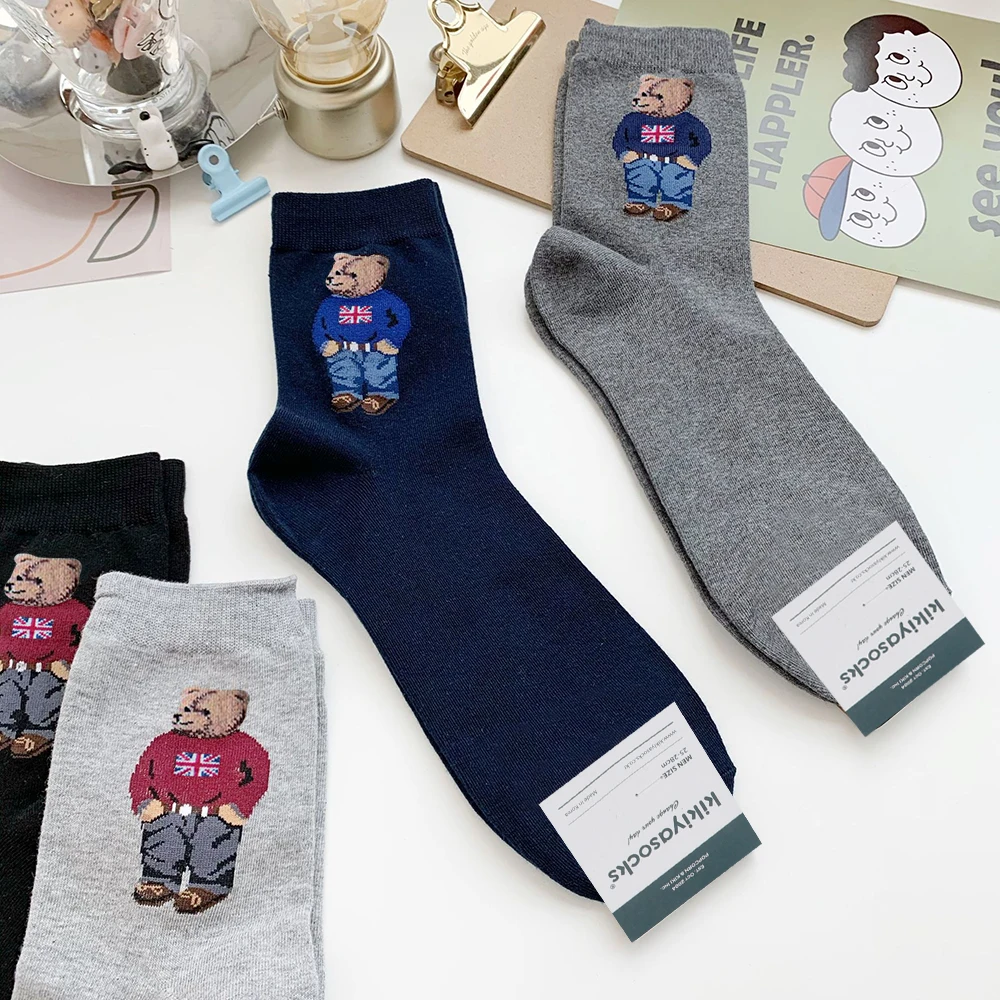 5 Pairs Bear Men\'s Socks Cotton Cartoon Gentleman Harajuku Skateboard Spring Winter Warm Novelty Breathable Sox Christmas Gift