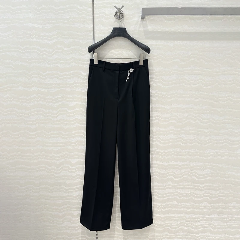 2024AW Black Straight Casual Wool Suit Trousers Women's Trousers Sparkling Brooch Flower Luxury Branded Women Clothing