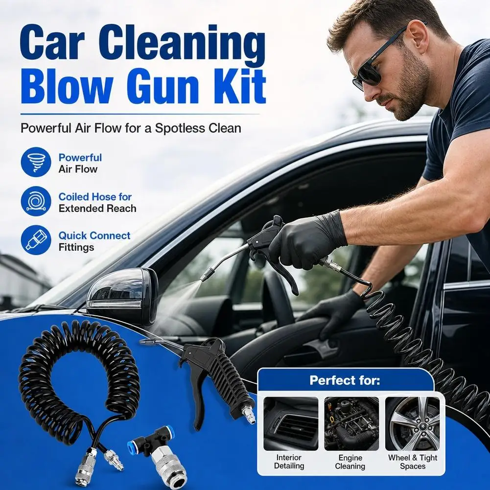Kit de pistola de aire con manguera de aire enrollada de 5 m, pistola neumática para limpiar con aire, ideal para el cuidado de automóviles, talleres y como herramienta de limpieza.