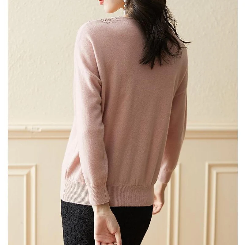 2023 Spring Autumn New Solid Color V-neck Long Sleeve Sweater Pullovers Women Vintage Lace Patchwork Hollow Out All-match Tops