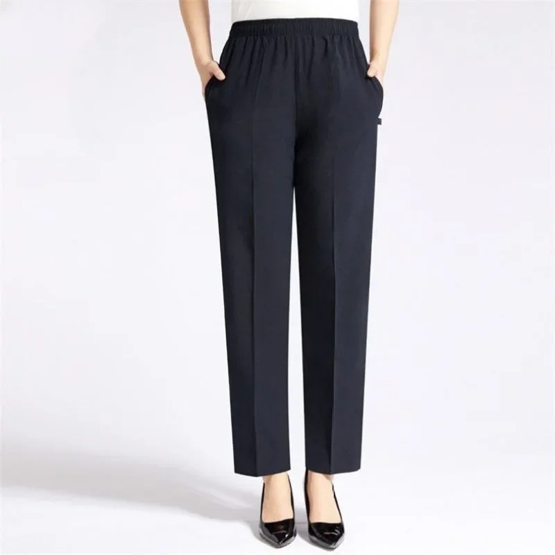 Summer Pants Women High Elastic Waist Loose Solid Pockets Straight Cylinder Vintage Fashion Oversized Female Clothing Trousers