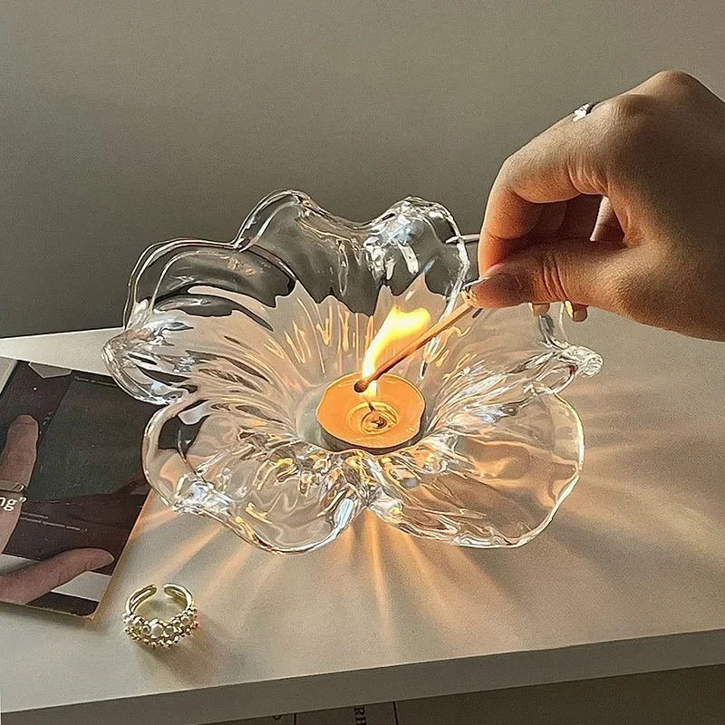 Elegant Glass Flower shaped Candle Holder Tabletop Decor Handmade Floral Decor Elegant Glass Candle Holder Decor Holiday Gift