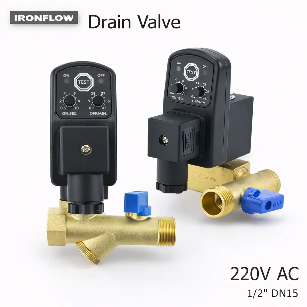1/2'' DN15 Brass Electronic Drain Solenoid Valve Auto Timer 220V 12V 24V for Air Compressor Tank Cooler Dryer