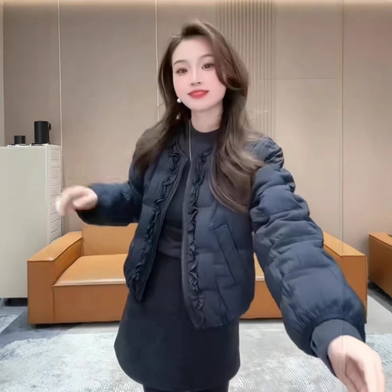 

Korean Round Neck Puffer 2025, Ruffled Cropped Jacket for Women Oversized White Duck Feather Coat