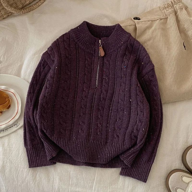 2026 New Winter Children's Sweater Color Dot Unisex Sweater Half Zip Fried Dough Twists Pullover Autumn Kids Versatile Sweater