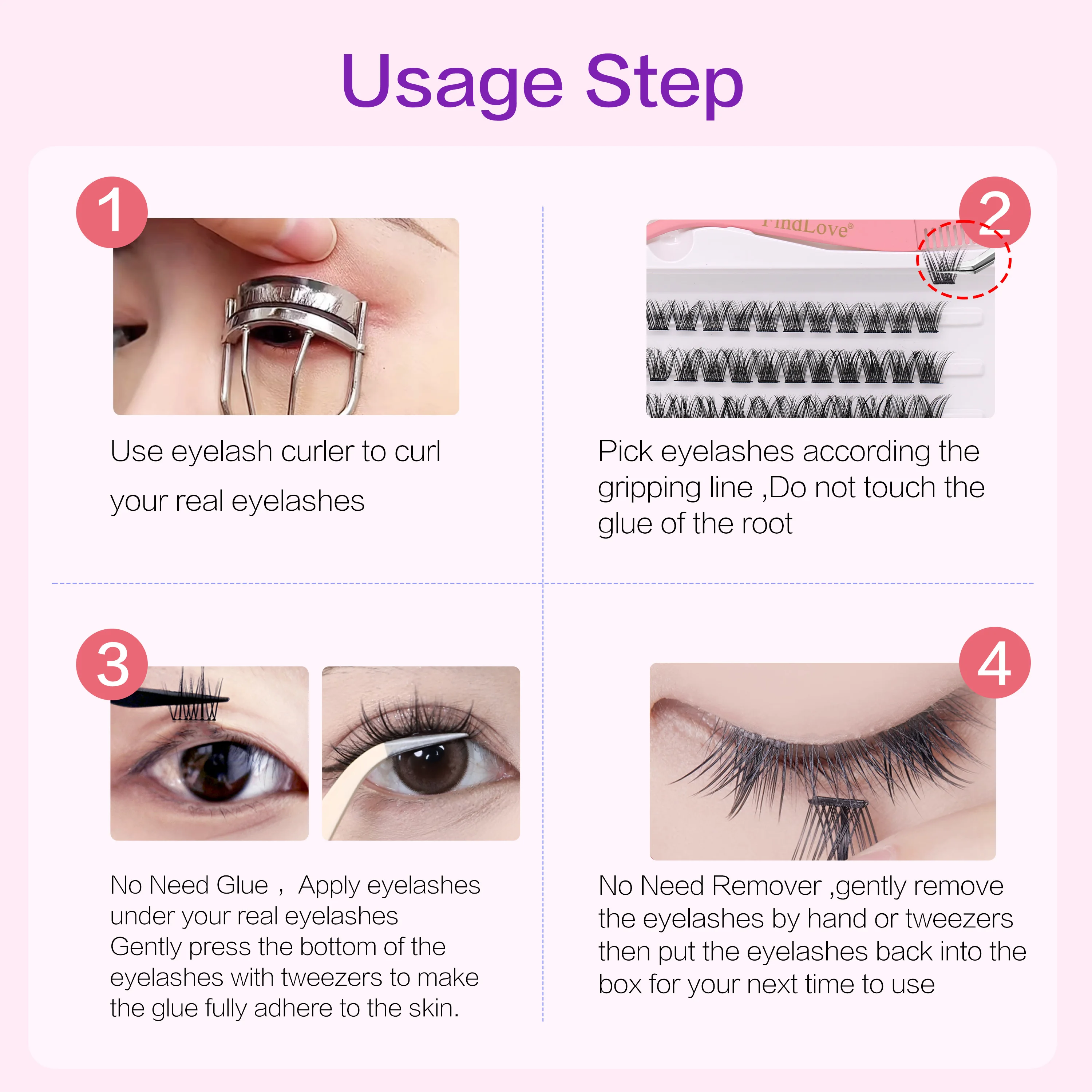 [No Glue Need] FindLove 60Pcs Glue Free Eyelashes C Curl 10-16mm Reusable False Eyelash Extension Set With Tweezer Natural Lash