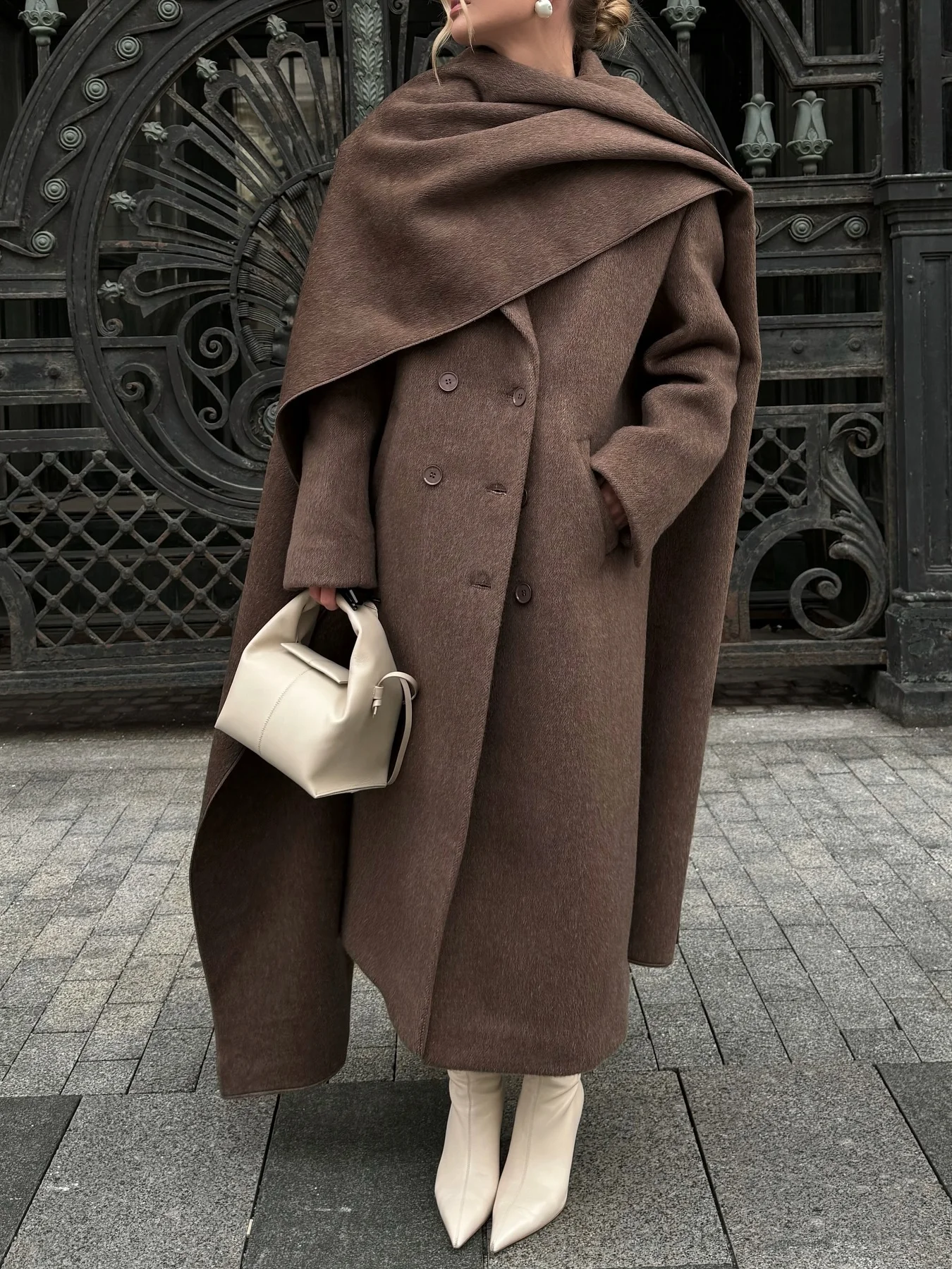 Elegant Big Scarf Collar Women's Overcoats Casual Solid Double Breasted Pockets Coats 2025 Autumn New Lady Commute Outerwears ﻿