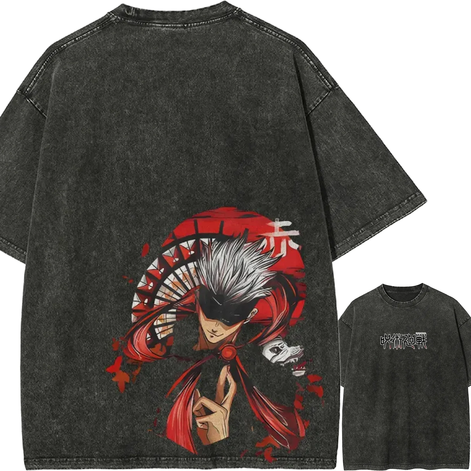 

Футболка Gojo Satoru Jujutsu Kaisen мужская, с эффектом кислотной стирки, с изображением Сатору Годжо и техникой обратного заклинания, красная, японское аниме