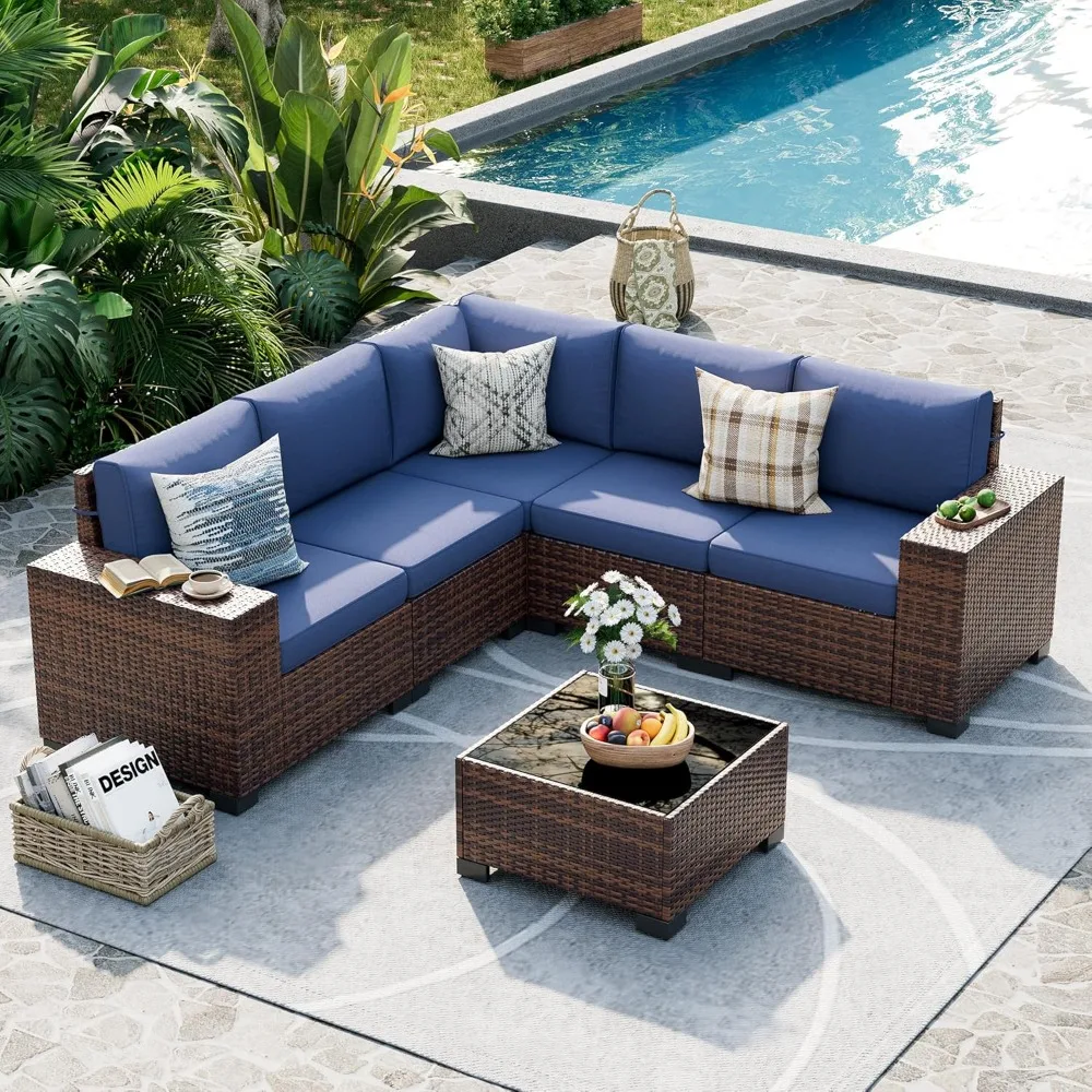 

Patio Furniture Set, 8 Inch Armrest Outdoor Sectional Sofa, 6 Piece Wicker Outdoor Furniture Conversation Sets with Waterproof