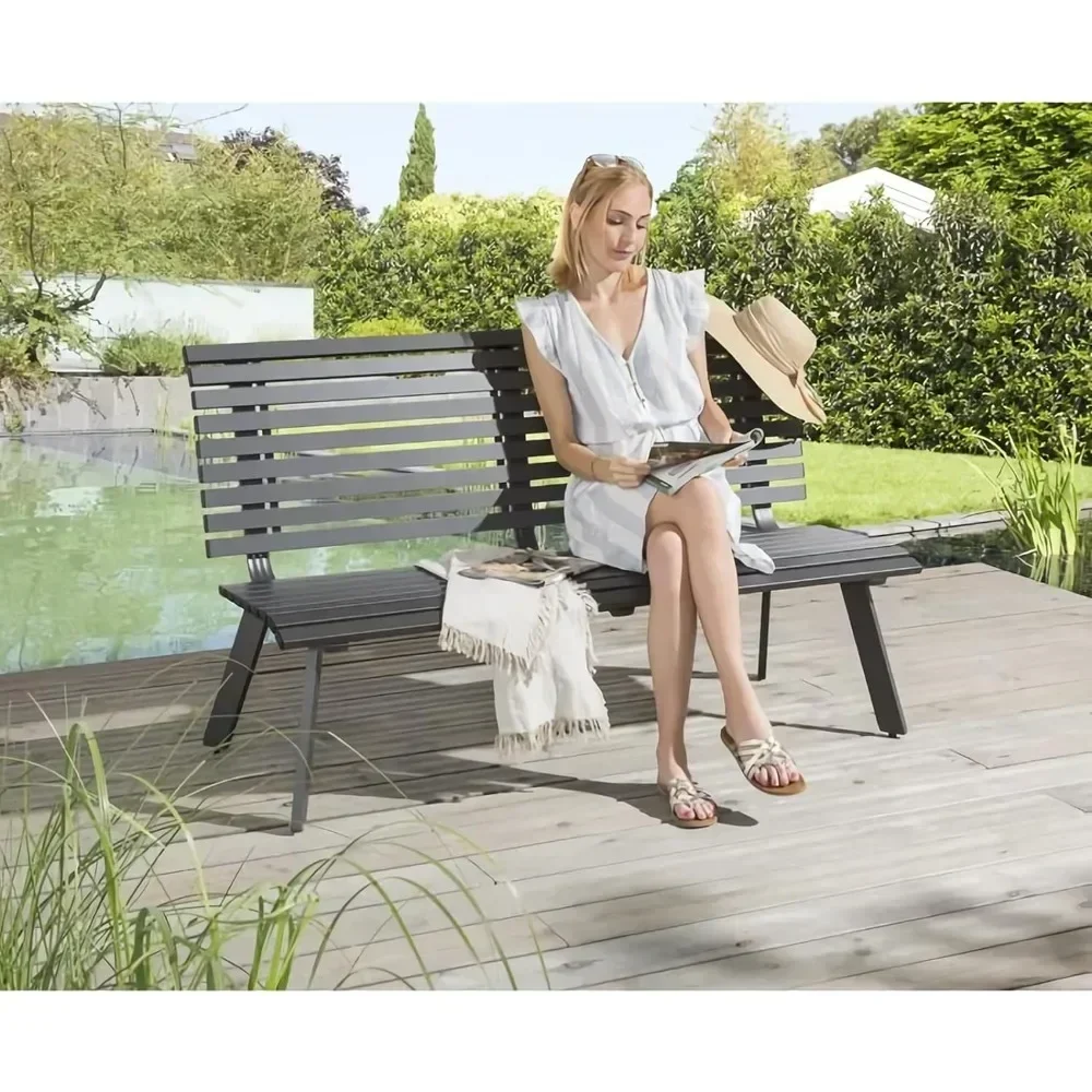 Outdoor Aluminum Patio Benches, Patio Porch Chair Furniture, Slatted Design W/Backrest, Dark Grey, Patio Benches