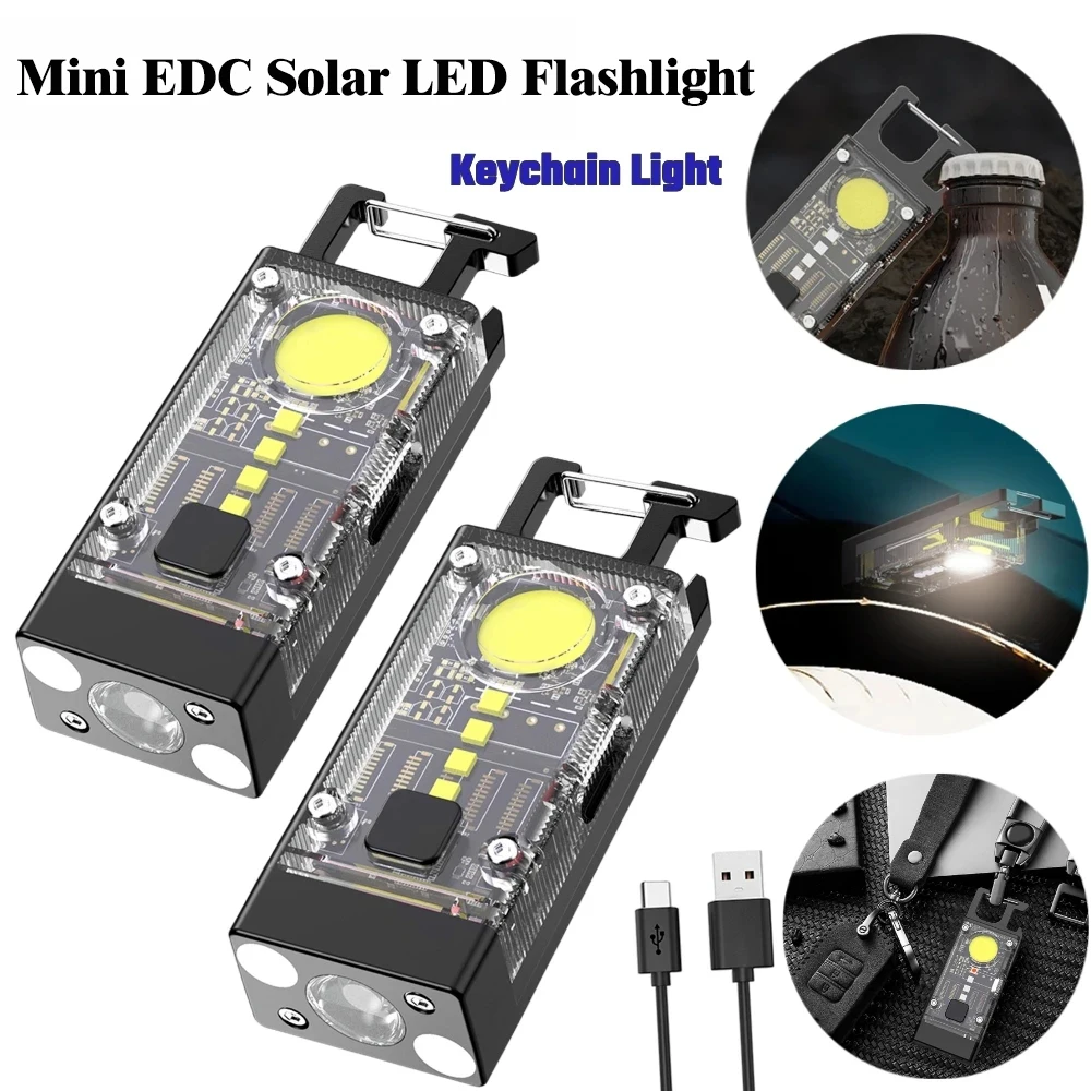 Mini EDC Solar LED Flashlight Portable Multifunctional Keychain Torch USB Rechargeable COB Camping Lantern with Strong Magnetic