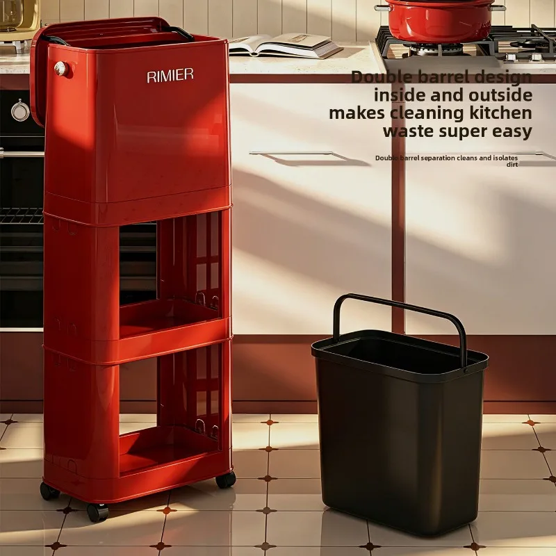Multifunction Kitchen Trash Can Wheels Large Capacity Multi Layer Storage Movable Tall Bathroom Trash Can Trash Bin