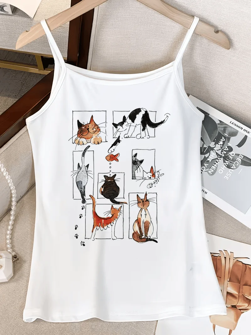 Hand Drawn Watercolor Kitten Grid Paw Graphic Women Spaghetti Strap Camisole Sleeveless Vacation Spring Summer Top