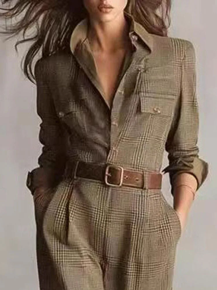 

Casual Long Sleeve Loose Commuting Playsuit Fashion Lapel Collar Shirt Jumpsuit Women Elegant Checkered Print Pocket Long Romper