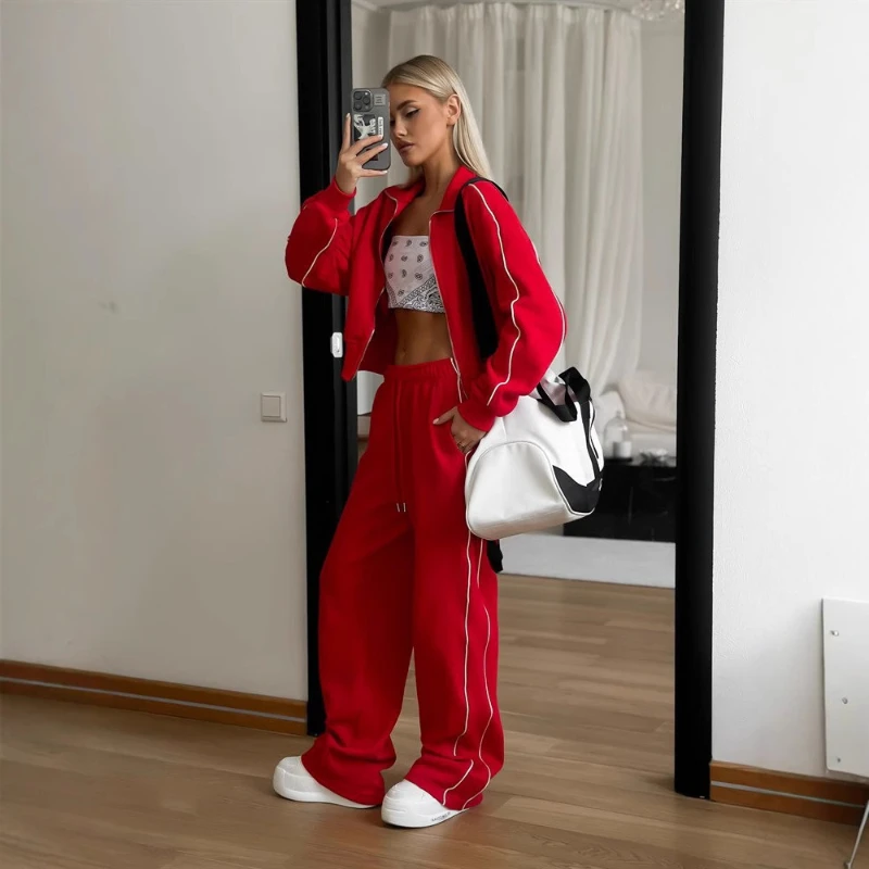 New Fashionable Casual Loose Zipper Cardigan Coat Sports Tethered Pants Two Piece Set Cross Border Women's Clothing 2026 Spring