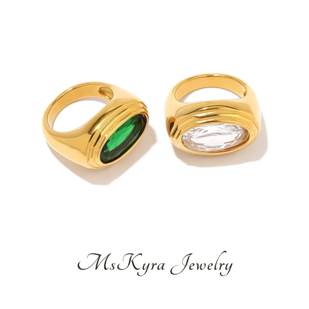 

MsKyra Stainless Steel Rings Plated 18k Gold Color Jewelry Green And White Zircon Waterproof Daily Rings For Women Premium Gift