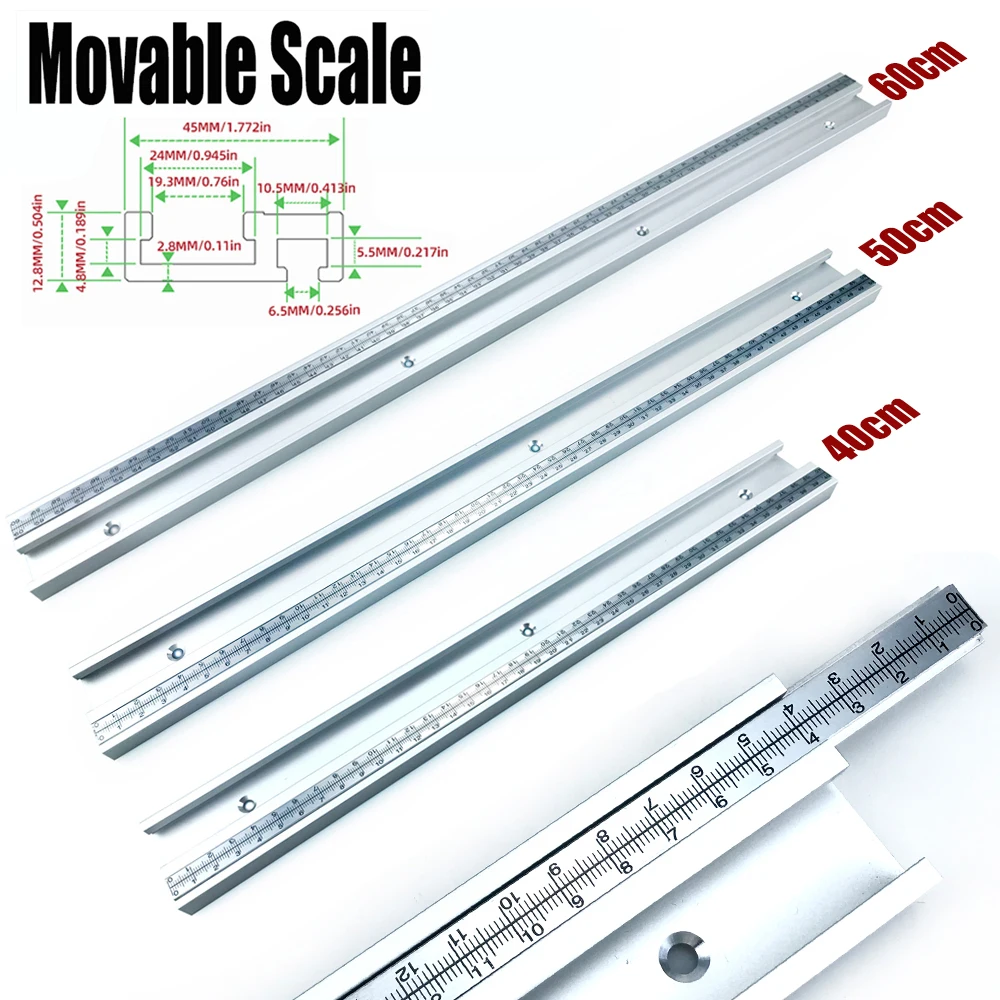 45 Chute T Track with Scale Alloy T-tracks Slot Miter Track 300-800mm Woodworking Saw Table Workbench DIY Tools 4.8