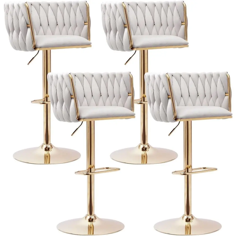 

Set of 4 Beige Velvet Swivel Bar Stools - Modern Adjustable Counter Height Chairs with Woven Backrest, Gold Legs for Kitchen, Di