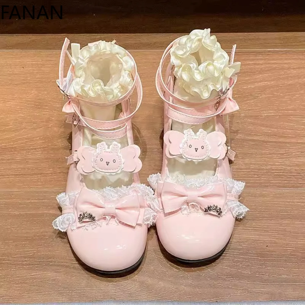 

2025 New Lolita Flats Platform Kawaii Butterfly Low Heel Women's Shoes Cute Tower Lace Korean Single Shoes Pumps Sandals