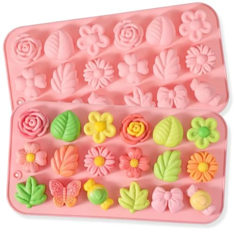 2PCS Flower Candy Molds, Silicone Flower Shape Chocolate Candy Molds Set Ice Cube Tray Pudding Mold Cookie Mold for Desserts Ma