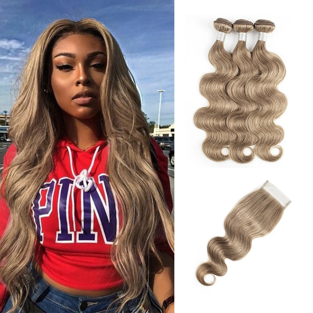 Color 8 Ash Blonde 2/3/4 Bundles with 4x4 Lace Closure Free Part Body Wave Remy Human Hair Weave Extension 16-24 inch MOGULHAIR