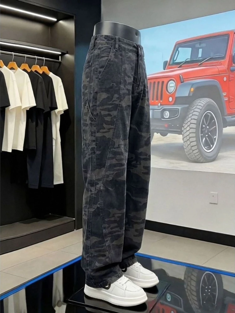 Mens Spring Summer Camo Straight Leg Jeans American Retro Logger Workwear Denim Pants Clean Fit Streetwear Trousers