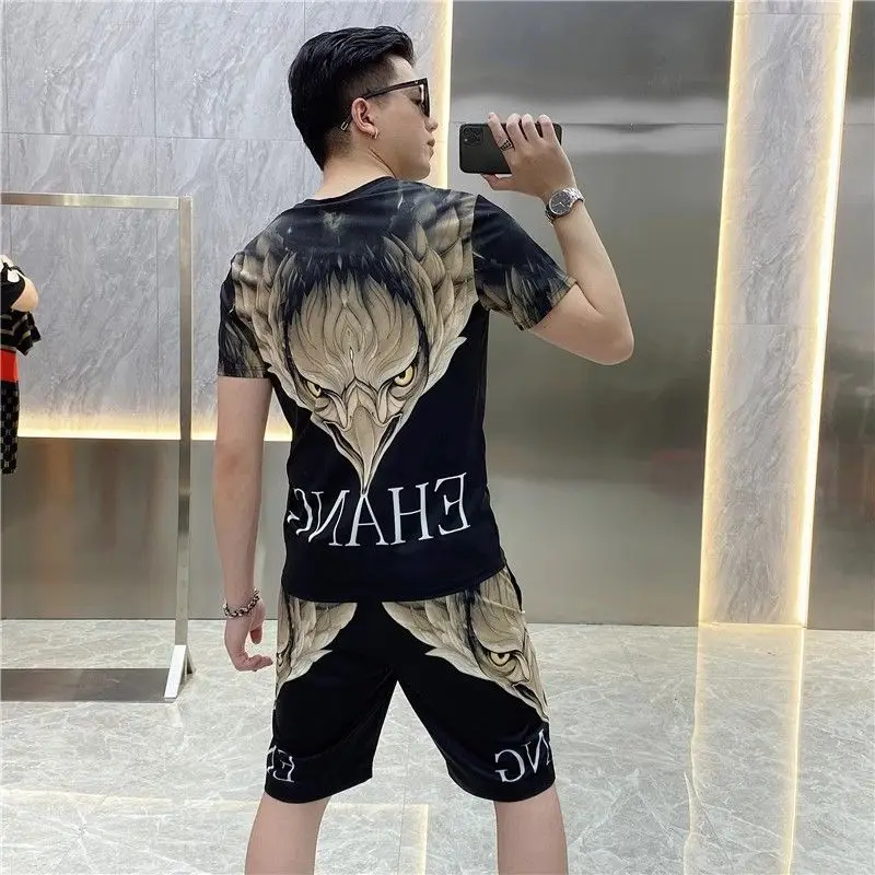 Men's Clothing Summer Short-sleeved T-shirt Shorts Two-piece Set Trendy Men's Hot Drilling Printed Handsome Casual suit