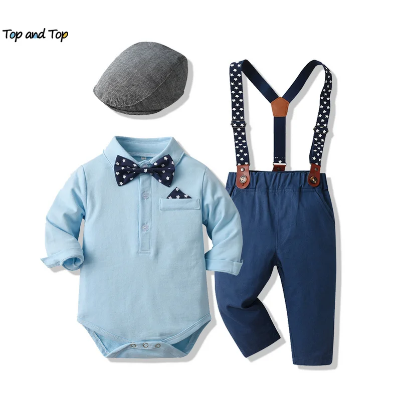 top and top Autumn Winter Baby Boys Gentleman Clothing Sets Long Sleeve Bowtie Rompers Shirts+Suspenders Pants+Hat 3PCS Suits