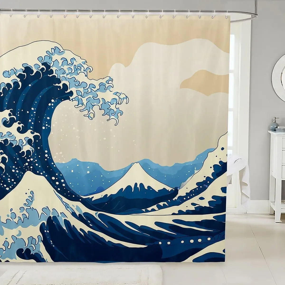 Bathroom Wave Shower Curtain Set with Hooks,Sea Ocean Waves Bath Curtain Hand Drawn Style Japanese Illustration Great Wave