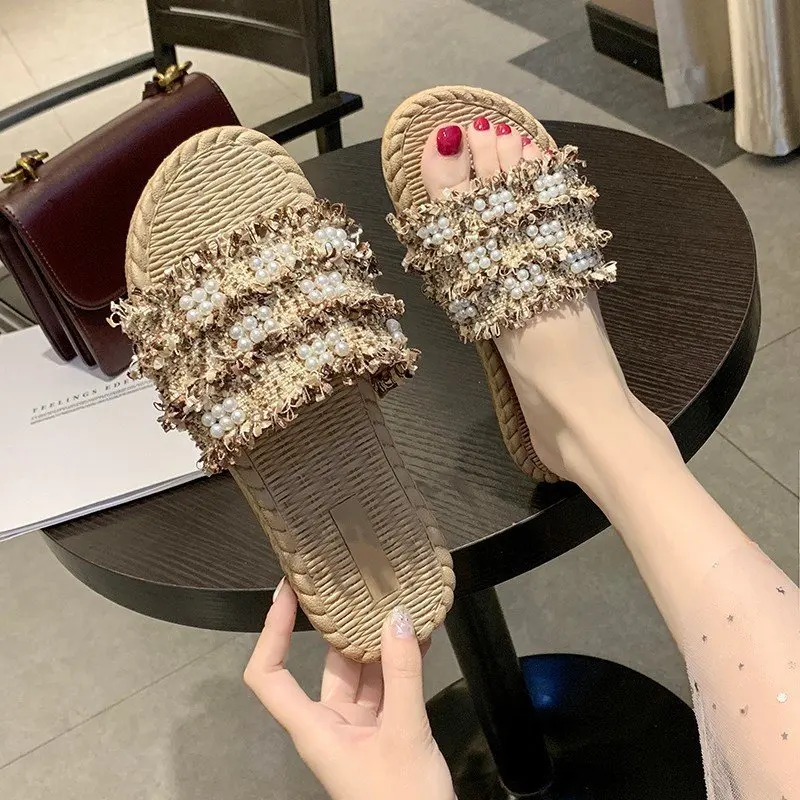 2024 Women's Summer  Slippers Comfortable Linen Slippers Lace Pearl Linen Flip Flops Thick Sole Sandals Women's Indoor Shoes