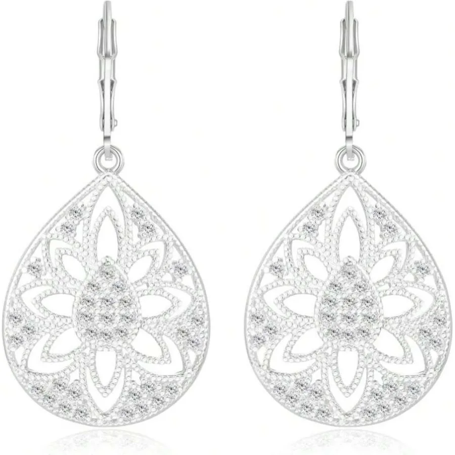 

Ritach 925 Silver Dangle Earrings For Women Leverback Filigree Teardrop Earrings Hypoallergenic Silver Dangle Drop Earring For