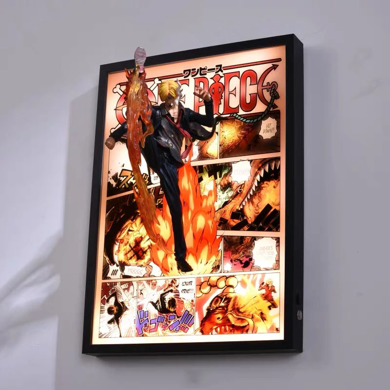 

3D One Piece Decorative Painting Anime Figure Sanji Zoro with light metal frame 3D Anime Figure Painting Decorate in the Room