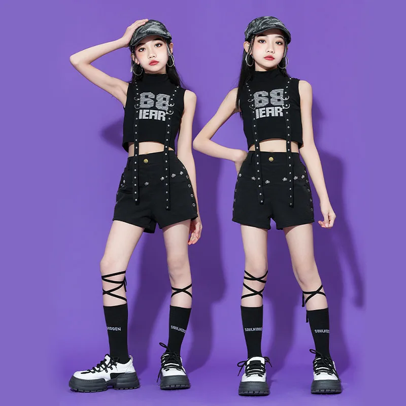 Kid Kpop Hip Hop Clothing Black Hoodie Crop Top Arm Sleeve Strap Tank Casual Rivet Shorts for Girls Jazz Dance Costumes Clothes