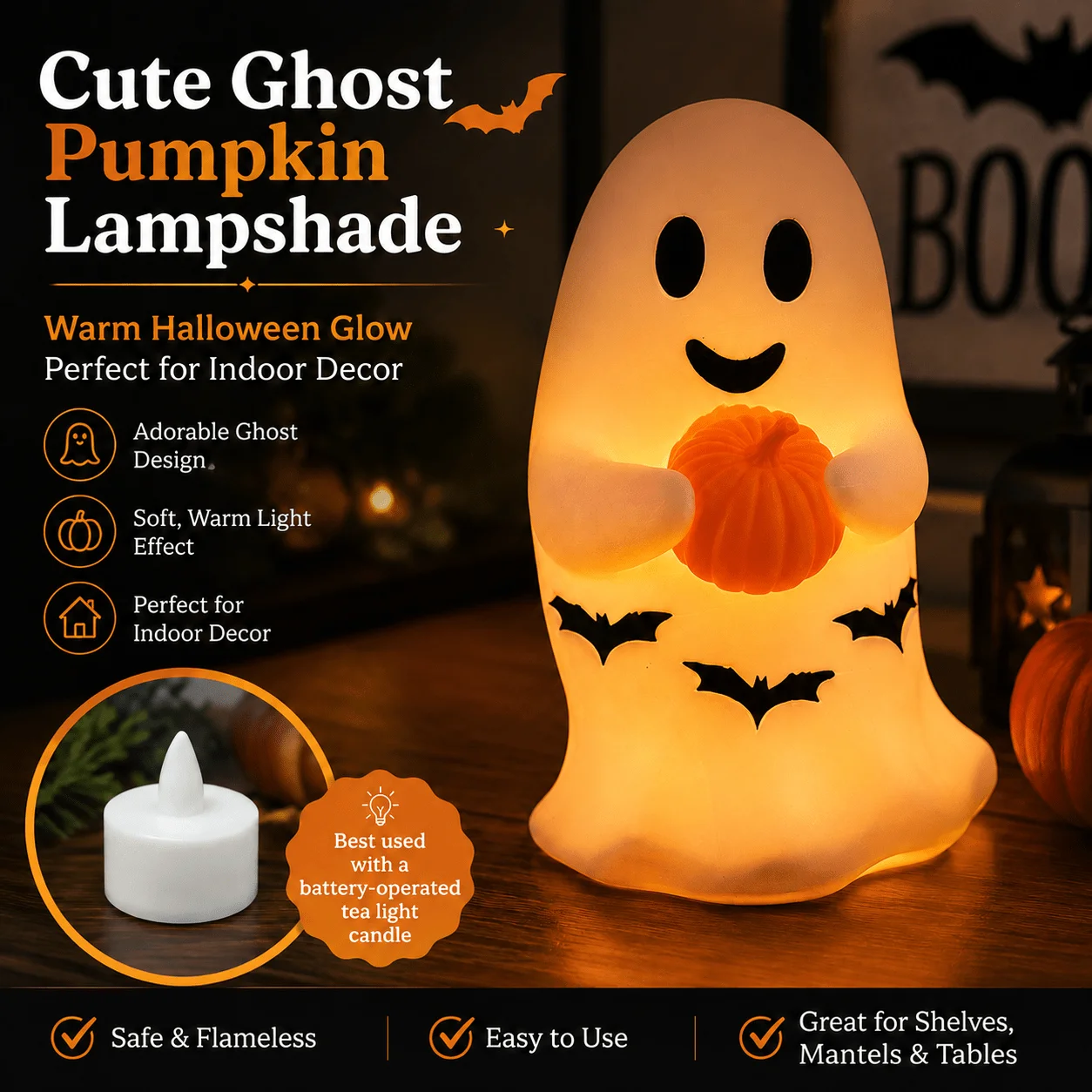 Ghost Pumpkin Lampshade for Halloween Decor, Spooky Ghost Figurine Holding Pumpkin, Indoor Tabletop Shelf Halloween Decoration